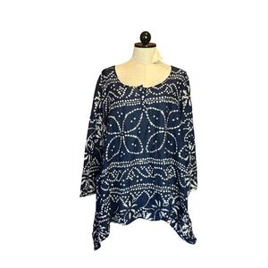 Soft Surroundings Navy Blue Sequin Geometric Sharkbite Tunic Top Lightweight M